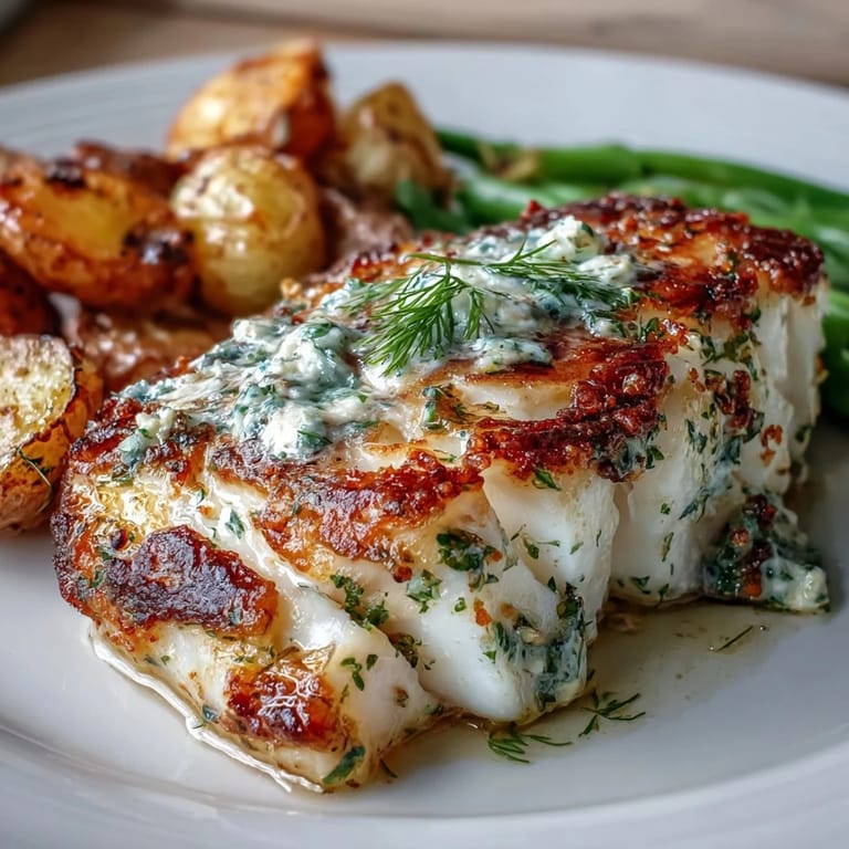 Flavorful Garlic Herb Butter Cod with Green Beans and Baby Potatoes - juicy cod fillets smothered in herb butter, served alongside crisp green beans and golden baby potatoes.