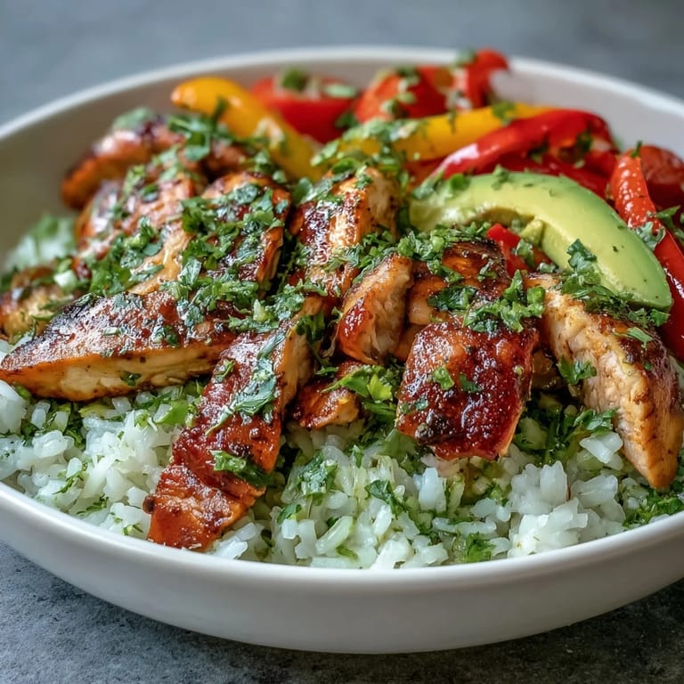 Healthy, gluten-free chicken fajitas over zesty cilantro-lime rice with fresh avocado slices.  