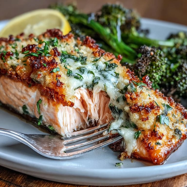 Tender salmon fillets topped with savory garlic-parmesian crust, served alongside crispy roasted broccoli and bright lemon wedges for a low-carb dinner.