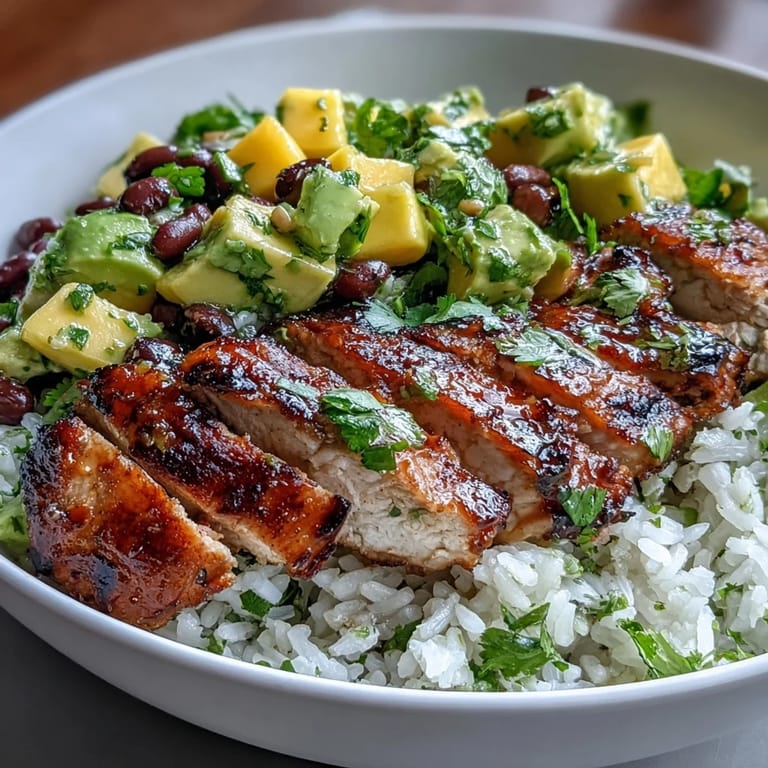 Hearty chicken and black bean bowls topped with vibrant mango avocado salsa, served over fluffy brown rice for a wholesome, gluten-free meal.  