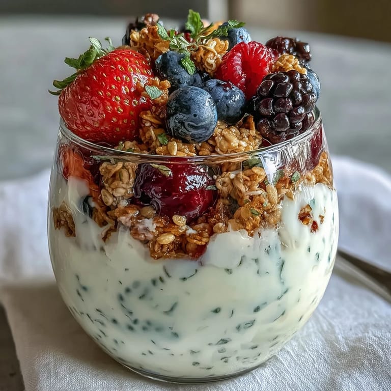 Wholesome Greek yogurt parfait featuring juicy strawberries, blueberries, and raspberries with a golden granola crumble, perfect for a quick nutritious breakfast.