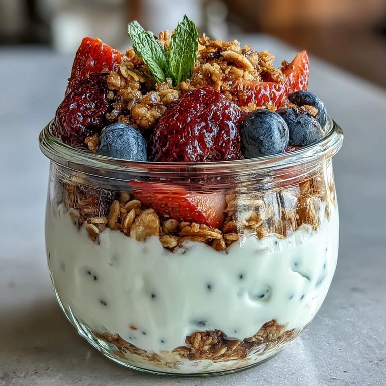 Protein-rich Greek yogurt berry parfait topped with crunchy granola crumble, garnished with fresh mint leaves for an energizing morning meal.