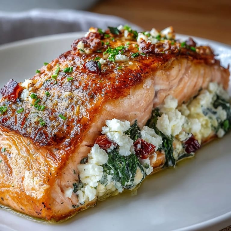 Mediterranean-inspired baked salmon with savory spinach, feta, and roasted pepper filling, perfect for a healthy dinner.