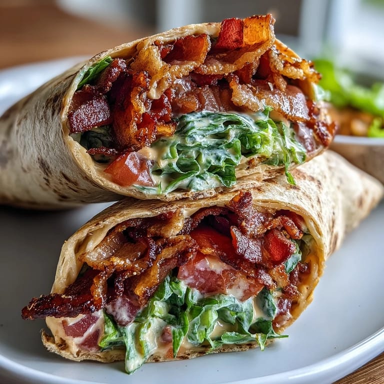 Savory BLT wraps with tangy secret sauce, layered with marinated tomatoes and crunchy lettuce for a satisfying lunch.