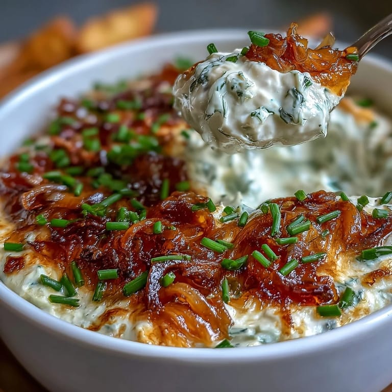 Savory caramelized onion dip with tangy sour cream, fresh herbs, and a smooth texture for dipping chips or veggies.