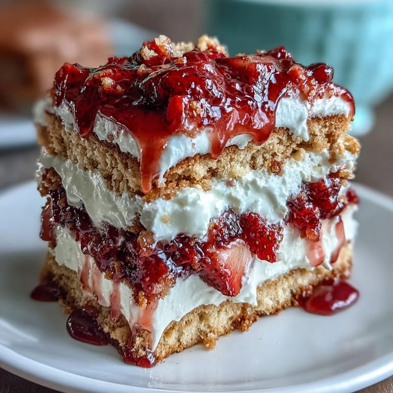 Golden shortcakes topped with sweet strawberries and homemade whipped cream, a classic American treat for two.  