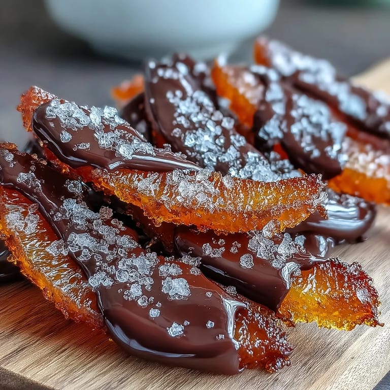 Hand-dipped candied orange peel in premium dark chocolate, offering a bright citrus contrast to deep cocoa richness.