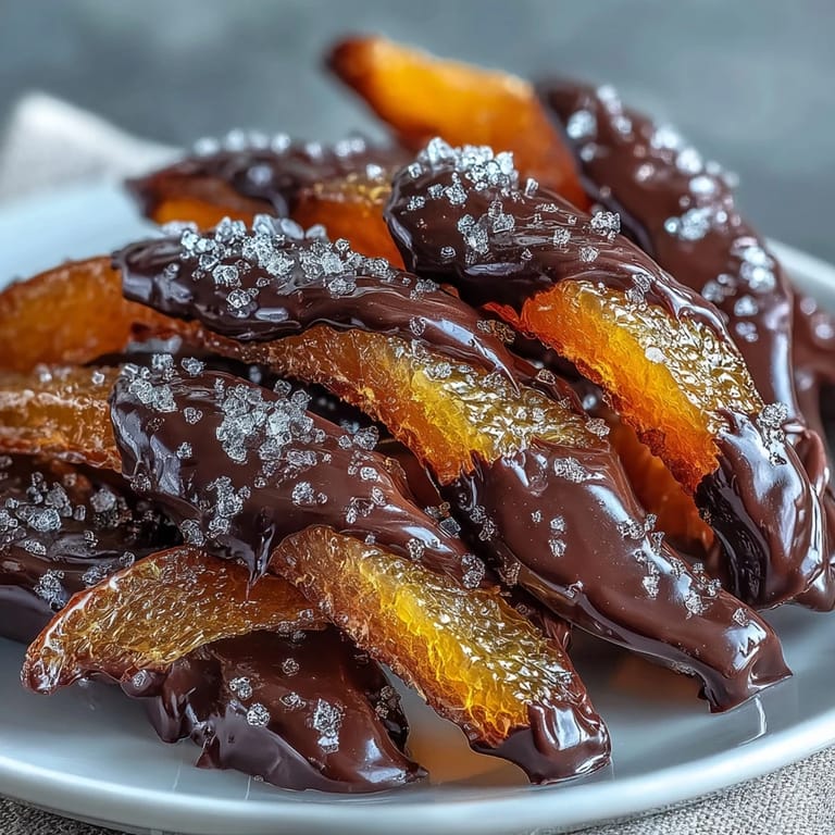 Zesty candied orange peel half-dipped in velvety dark chocolate, perfect for an elegant holiday treat.