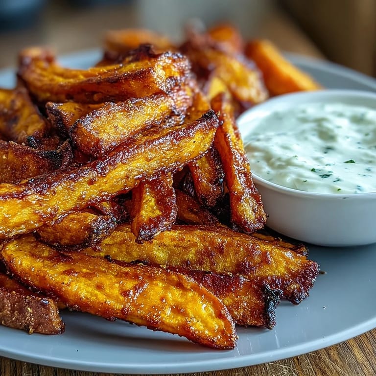 Golden-brown sweet potato fries fresh from the air fryer, paired with tangy sour cream and onion dip for dipping.  