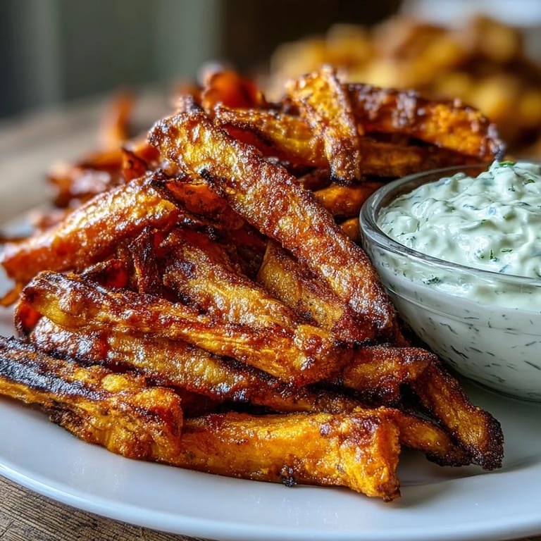 Crunchy air fryer sweet potato fries seasoned with paprika and garlic, served hot with a rich, savory onion dip.