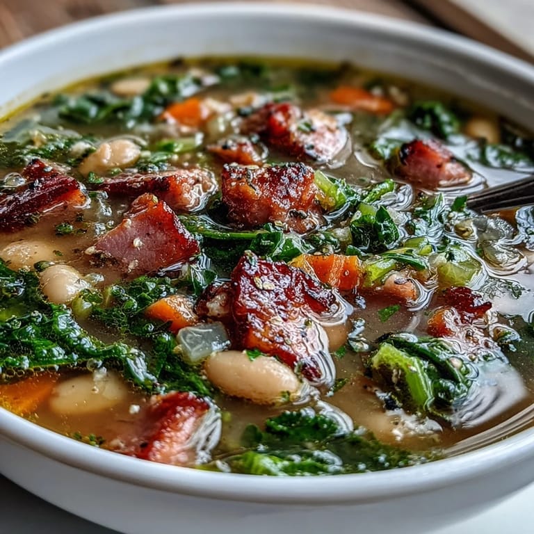 Creamy white bean soup loaded with diced ham, fresh kale, and carrots for a nourishing dinner.  
