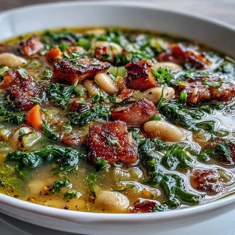 Warm bowl of ham and kale white bean soup garnished with fresh herbs, perfect for cold days.