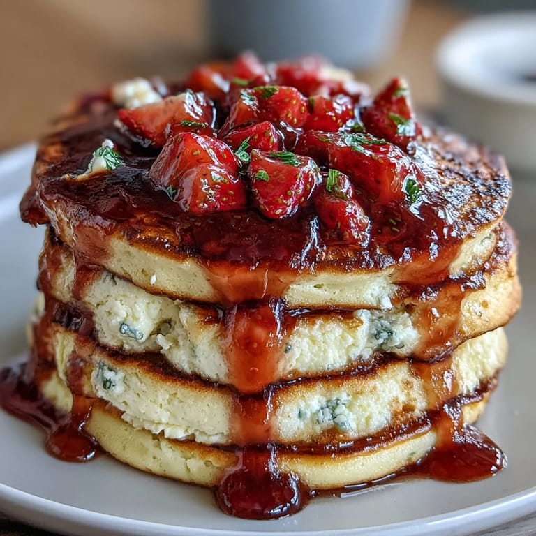 Golden pancakes with creamy cottage cheese and fresh strawberry syrup, perfect for a wholesome morning meal.  
