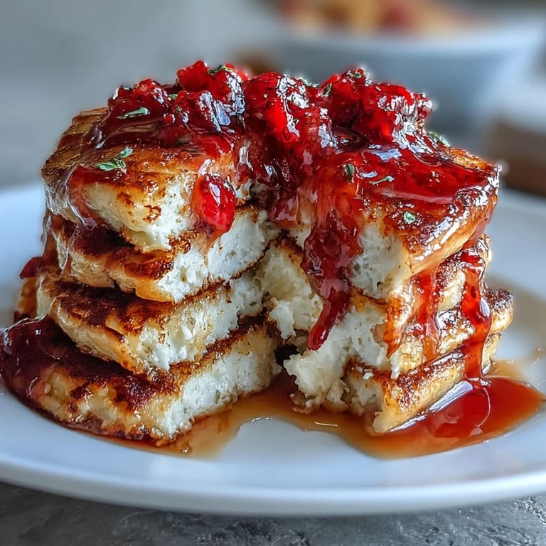 Protein-packed cottage cheese pancakes served with warm, sweet strawberry syrup for a delicious brunch.