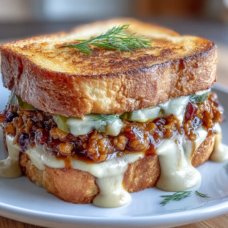 Savory lentil sloppy joe filling topped with creamy dairy-free cheese on rustic sourdough bread.