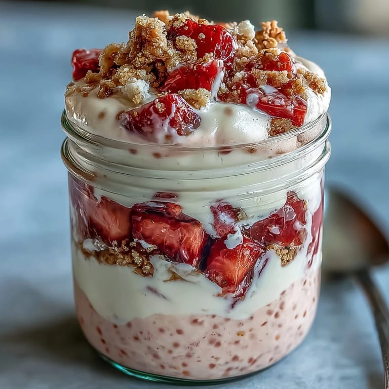 Layered mason jar breakfast featuring strawberry cheesecake overnight oats, topped with crushed graham crackers.  