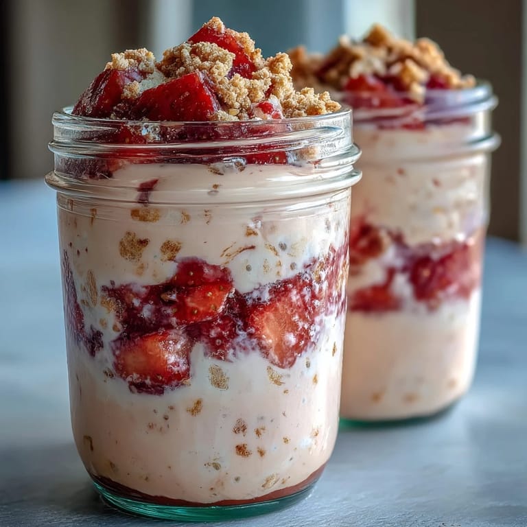 Mason jar strawberry cheesecake overnight oats with creamy yogurt, chia seeds, and fresh diced strawberries.