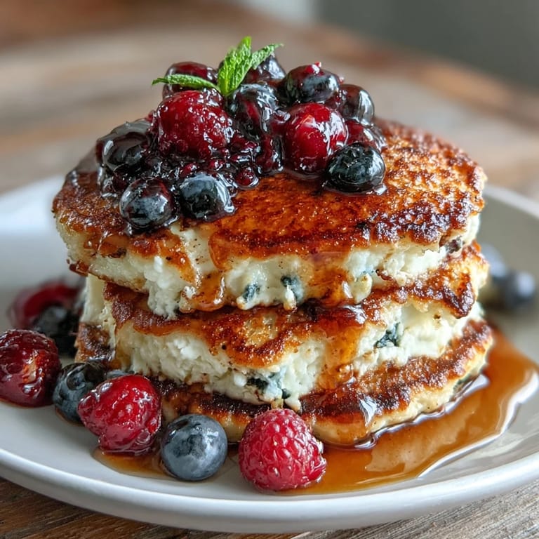 Stack of fluffy cottage cheese pancakes bursting with mixed berries, drizzled with maple syrup and perfect for a healthy brunch.
