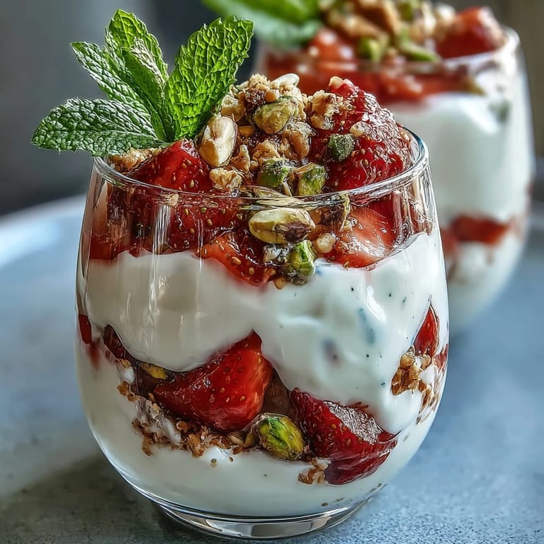 Layers of tangy strawberries, smooth Greek yogurt, and chopped pistachios create a colorful, nutritious breakfast parfait perfect for busy mornings.