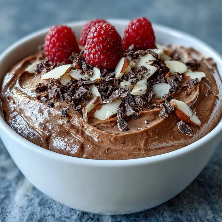 Velvety chocolate mousse cups made with cottage cheese and Greek yogurt, topped with crunchy nuts and berries.  