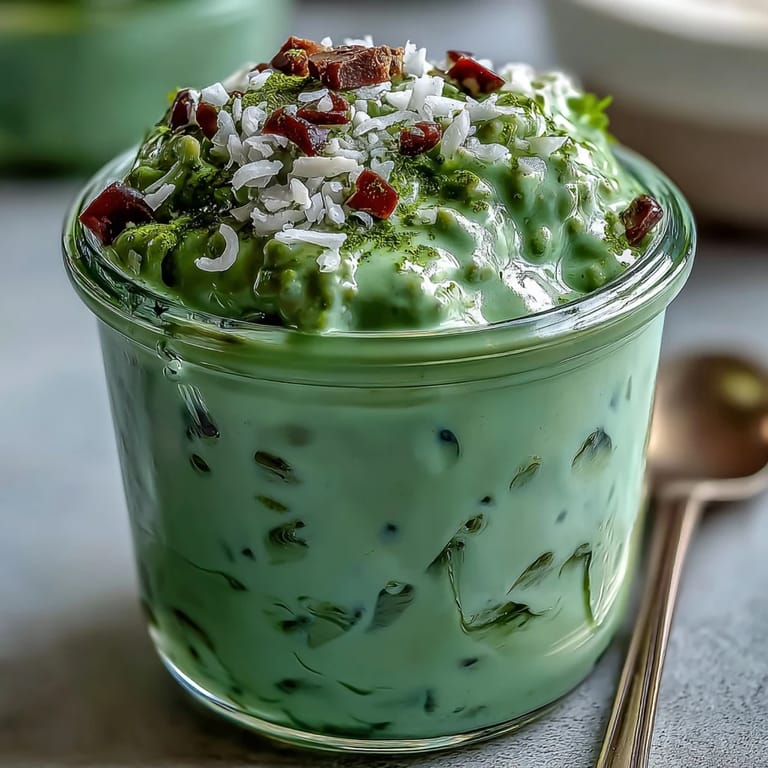 Creamy matcha-infused oats with chia seeds and coconut, garnished with berries and a drizzle of honey for a satisfying morning meal.