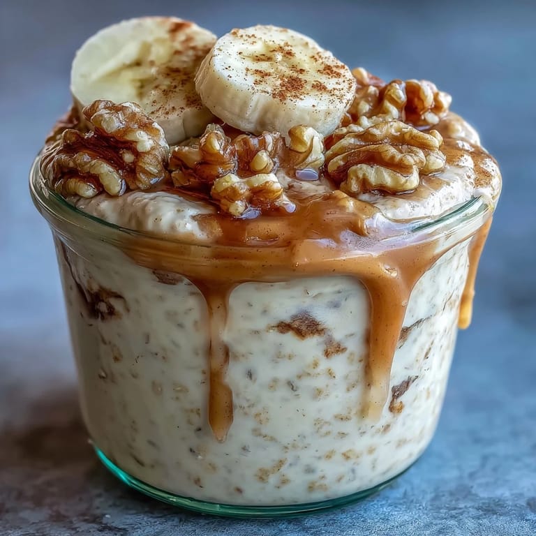 Wholesome banana bread overnight oats layered with crunchy walnuts and ripe banana slices, perfect for a quick breakfast.  