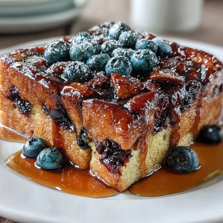 Fluffy sourdough casserole layered with fresh blueberries and cinnamon custard, perfect for easy make-ahead breakfast or brunch.