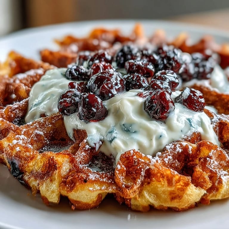 Golden-brown waffles with crisp edges, bursting with tart blueberries and bright lemon, topped with a luscious maple yogurt swirl.