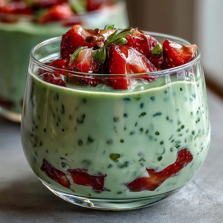 Refreshing breakfast parfait featuring matcha-infused oats and sweet strawberry compote, perfect for a nutritious morning start.