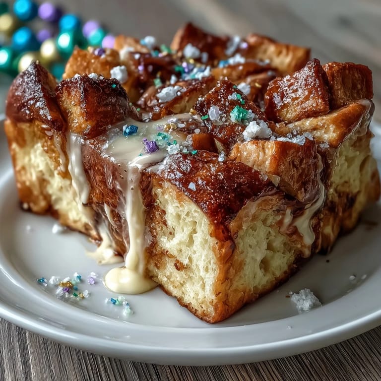 Rich custard-soaked brioche layers baked until puffed, topped with vanilla icing and purple, green, and gold sanding sugars.  