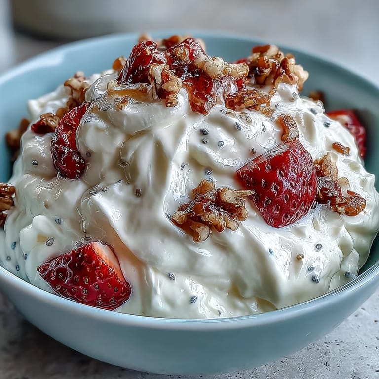 Light and airy yogurt breakfast bowl featuring fresh strawberries, granola, and nuts for added texture and flavor.