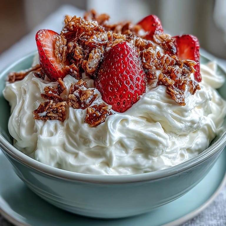 Creamy whipped Greek yogurt base layered with juicy strawberries and crunchy granola for a healthy breakfast.  