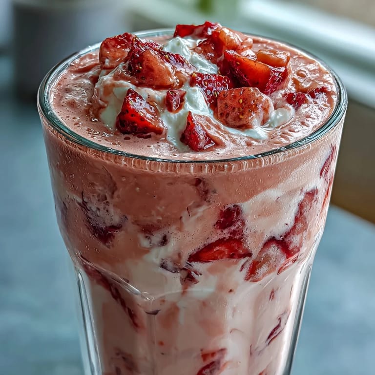Creamy Strawberry Shortcake Protein Smoothie blended with vanilla protein powder and oats, perfect for breakfast or post-workout fuel.  
