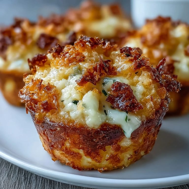 Individual funeral potatoes muffin cups baked to golden perfection with melted cheese and crispy cornflake crust.