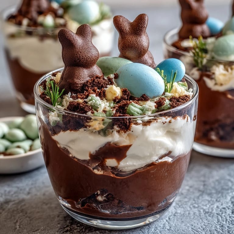 Kid-friendly Easter Bunny Dirt Cups for Kids featuring layers of chocolate pudding, whipped topping, cookie crumbs, and colorful candy eggs in clear cups.