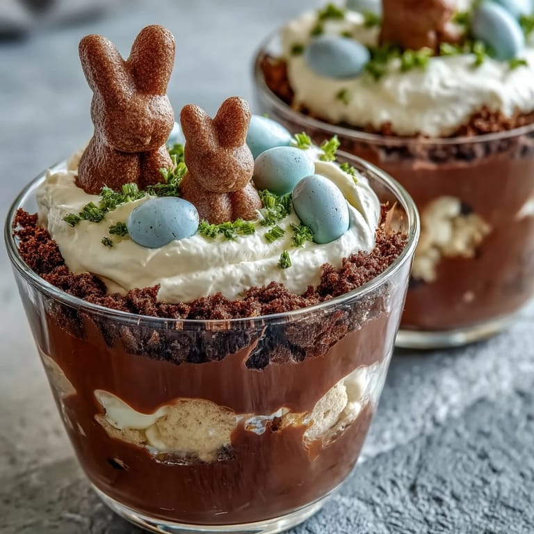 Adorable Easter Bunny Dirt Cups for Kids made with creamy chocolate pudding, crushed Oreo cookies, and festive marshmallow bunny Peeps for a fun dessert.