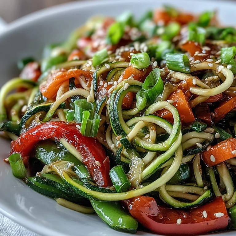 3. Fresh Healthy Easy Zucchini Noodle Stir Fry featuring julienned carrots, sesame seeds, and a tangy, low-sodium sauce.