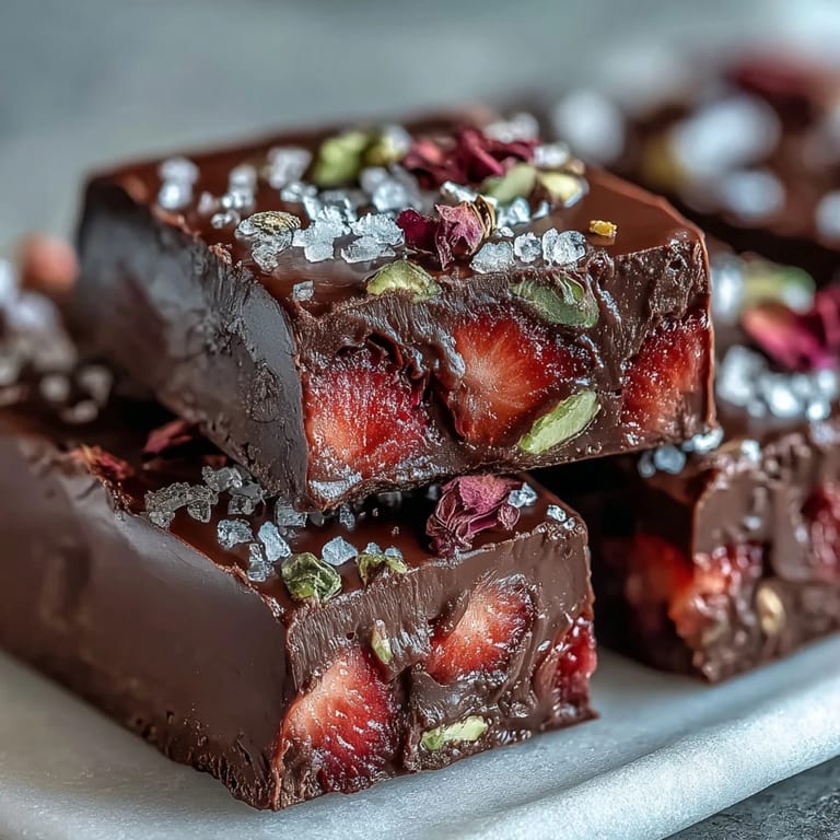 Rich dark chocolate bark topped with freeze-dried strawberries, rose petals, and a sprinkle of sea salt for a Middle Eastern twist.