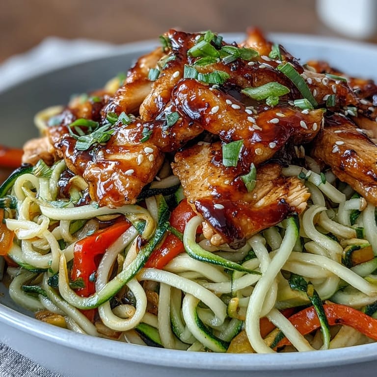 Healthy, low-carb zucchini noodles tossed with juicy chicken, bell peppers, and carrots in a flavorful sesame-ginger sauce.  