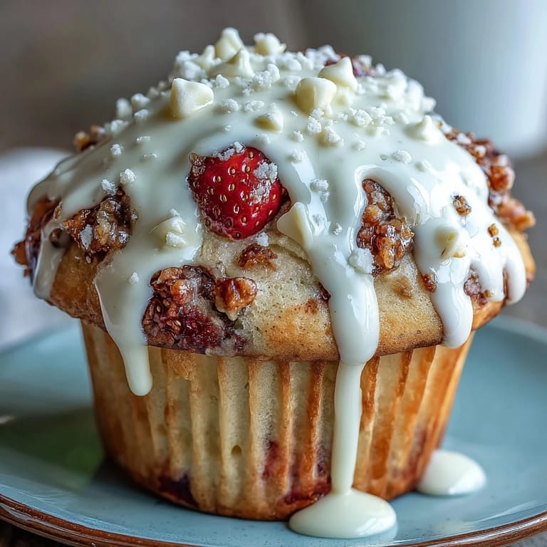 Moist strawberry muffins with white chocolate chips, perfect for a sweet morning treat or snack.