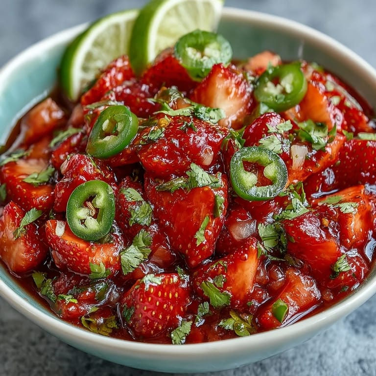 A colorful bowl of fresh strawberry salsa with jalapeño, lime, and cilantro, offering a sweet and spicy kick.