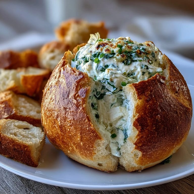 Warm and gooey spinach artichoke dip served in a crusty bread bowl, perfect for festive gatherings and dipping with bread chunks.