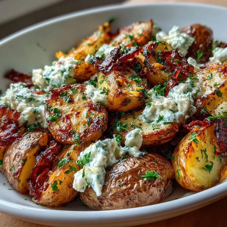 Hearty loaded baked potato salad with BBQ sauce, crisp bacon, and fresh herbs for a festive side dish.  
