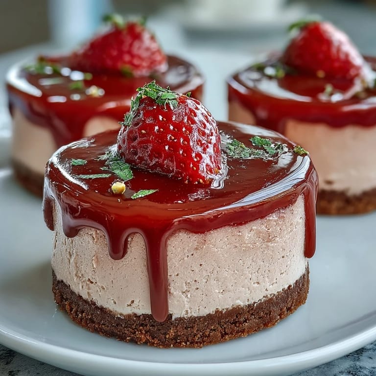Decadent Dubai-inspired mini cheesecake cups with rich chocolate crust, smooth vanilla filling, and ruby-red strawberry garnish.
