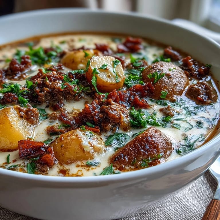 Warm Shepherds Pie Soup with ground beef, peas, corn, and potatoes, garnished with fresh parsley for a cozy, satisfying meal.