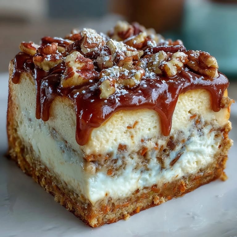 Carrot cake and cheesecake bars with marbled layers, walnuts, and a light cream cheese frosting for spring dessert.