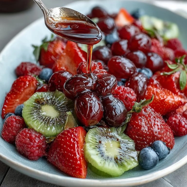 Colorful Spring Fruit Platter with Yogurt Dip: A refreshing spread of seasonal fruits paired with a smooth, honey-sweetened yogurt sauce, ideal for light appetizers or healthy snacks.