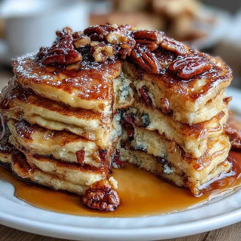 Maple-syrup-swirled pancake casserole topped with crunchy pecans, served warm and dusted with powdered sugar.  