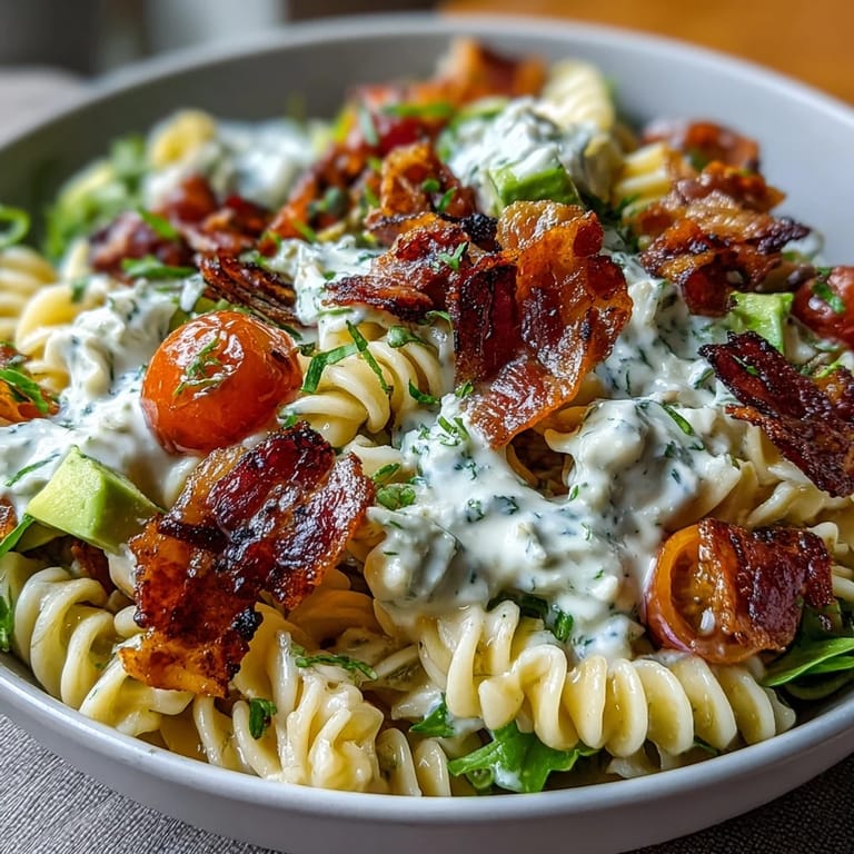 Creamy BLT pasta salad featuring crispy bacon, ripe avocado, and fresh vegetables tossed in tangy lemon-Dijon dressing.