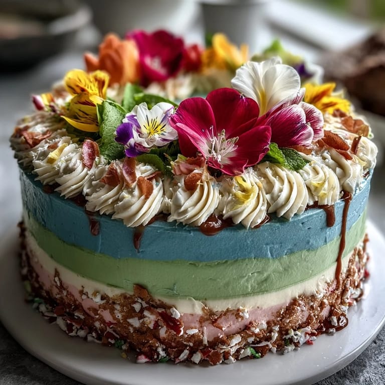 Beautifully layered spring cake featuring gradient pastel colors and a vibrant floral topper, perfect for elegant celebrations and festive gatherings.